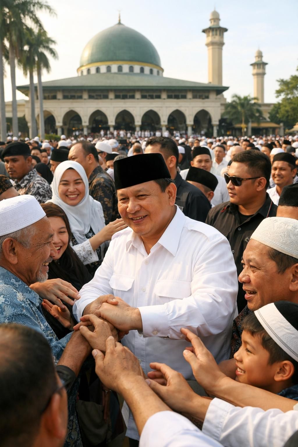 setelah shalat idul fitri, prabowo berinteraksi akrab dengan jamaah masjid darussalam, warga antusias berebut bersalaman dalam suasana penuh kehangatan dan kebersamaan.