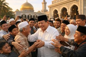 setelah shalat idul fitri, prabowo berinteraksi akrab dengan jamaah di masjid darussalam, warga antusias berebut bersalaman, menunjukkan kebersamaan dan kegembiraan dalam momen spesial ini.