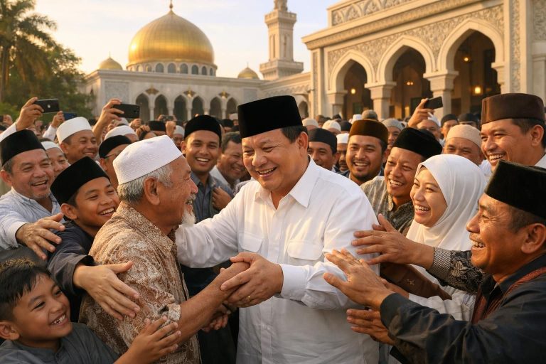 setelah shalat idul fitri, prabowo berinteraksi akrab dengan jamaah di masjid darussalam, warga antusias berebut bersalaman, menunjukkan kebersamaan dan kegembiraan dalam momen spesial ini.