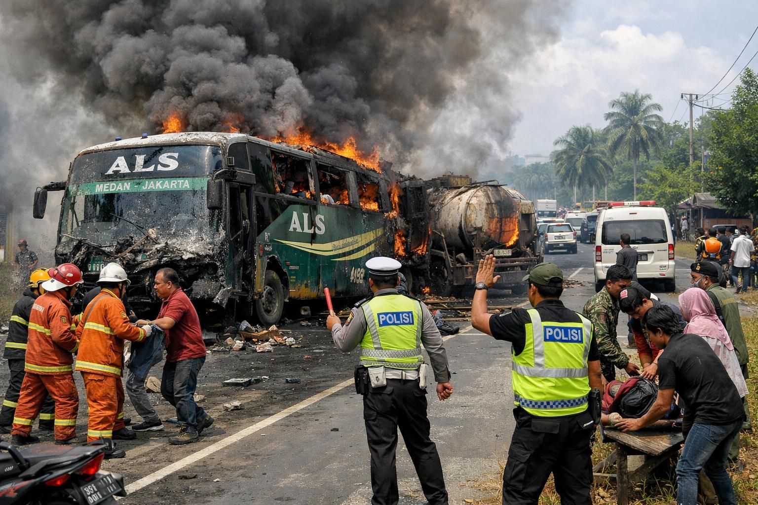 fakta kecelakaan tragis bus als yang menabrak truk tangki di sumsel, menyebabkan 16 orang tewas. simak detail lengkap dan upaya penyelamatan di lokasi kejadian.