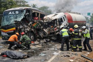 fakta kecelakaan tragis bus als yang menabrak truk tangki di sumsel, menyebabkan 16 orang tewas. simak detail lengkap dan update terkini.