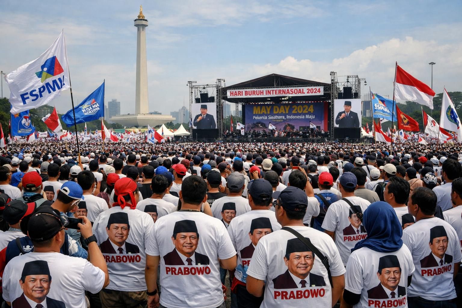 rayakan hari buruh di monas dengan semangat! massa pekerja mengenakan kaus desain prabowo dalam aksi yang meriah dan penuh energi. simak liputan lengkapnya di detiknews.