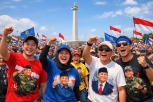 rayakan hari buruh di monas dengan semangat, massa pekerja mengenakan kaus desain prabowo dalam acara yang penuh semangat.