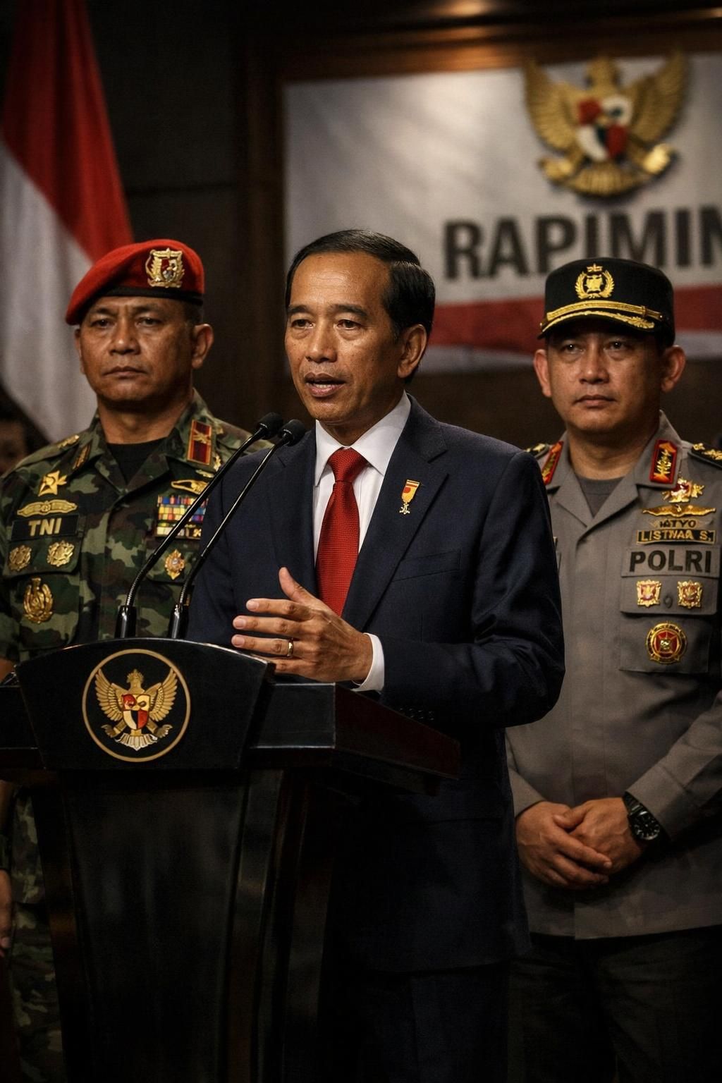 prabowo membahas konsep 'ilmu komandan' sambil memuji panglima tni dan kapolri atas kepemimpinan dan dedikasi mereka dalam menjaga keamanan dan stabilitas nasional.