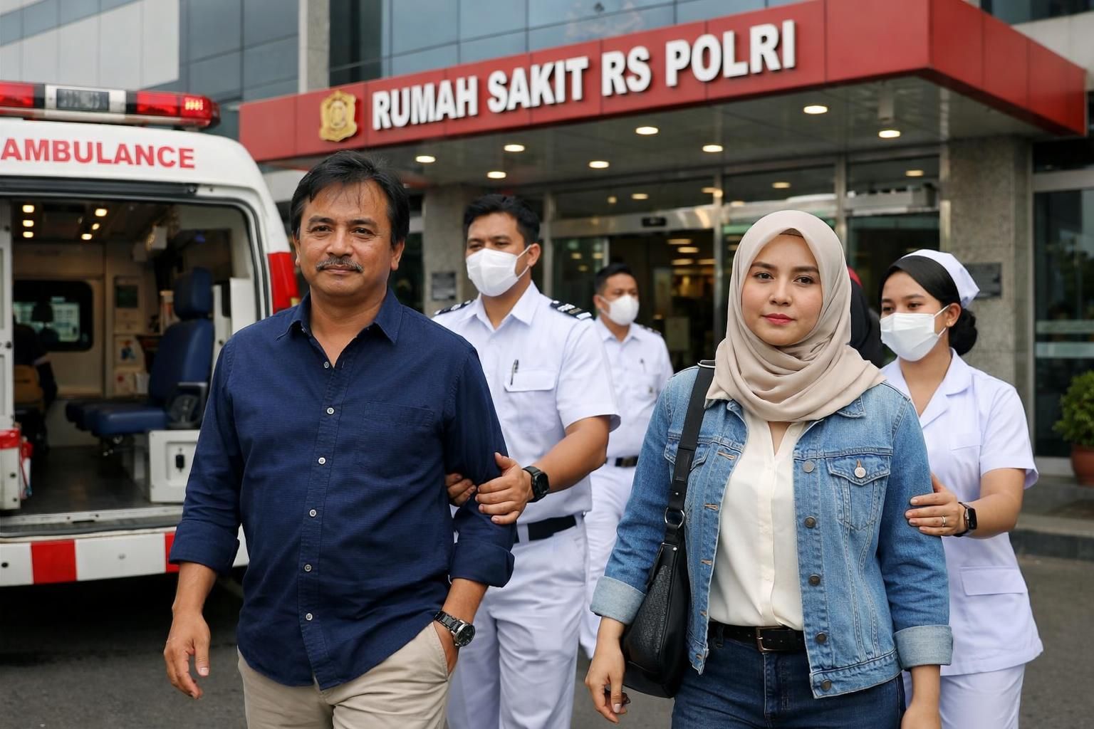 momen ketika roy suryo dan dr. tifa dibawa ke rs polri untuk menjalani pemeriksaan kesehatan secara menyeluruh.