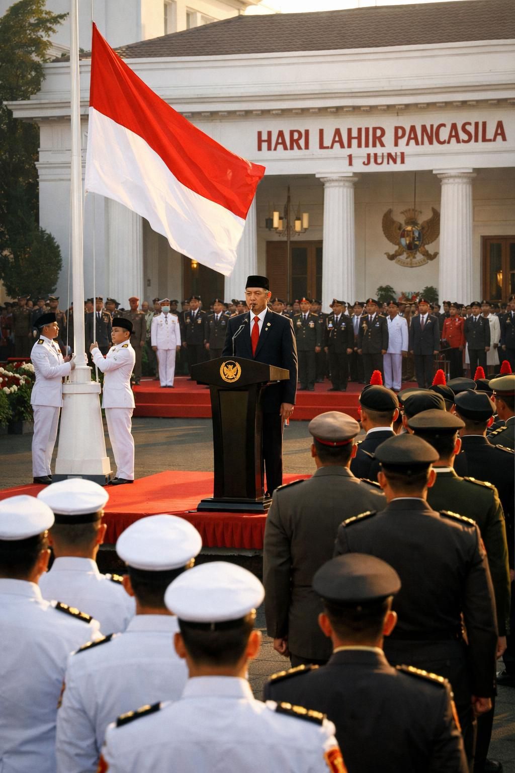 prabowo memuji kesakralan upacara hari lahir pancasila dan menegaskan pentingnya laporan dari komandan dalam menjaga semangat dan nilai-nilai pancasila.