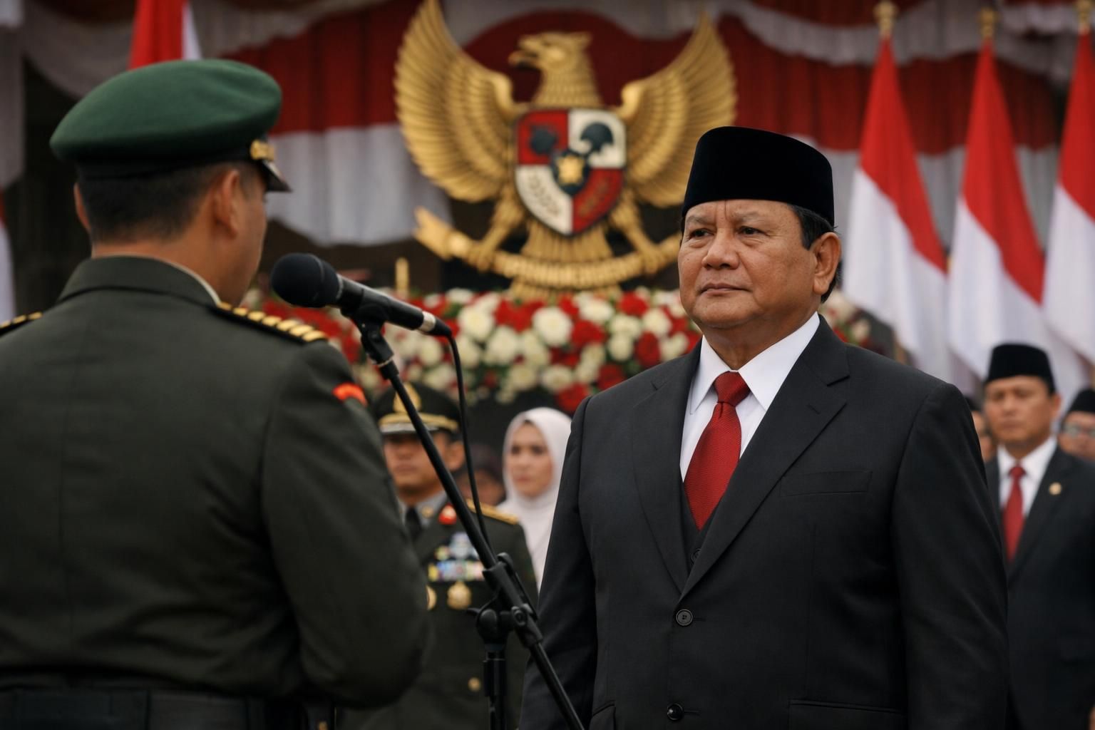 prabowo memuji kesakralan upacara hari lahir pancasila dan menegaskan pentingnya laporan dari komandan dalam menjaga semangat dan nilai-nilai pancasila.