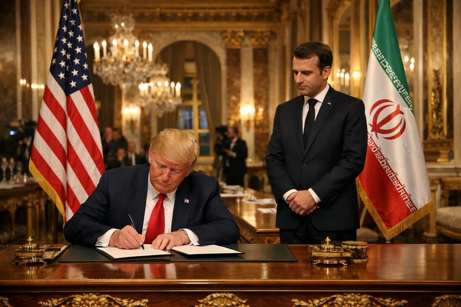 saksikan momen bersejarah saat trump menandatangani mou perdamaian dengan iran di istana versailles, disaksikan langsung oleh presiden macron, membuka babak baru hubungan internasional.