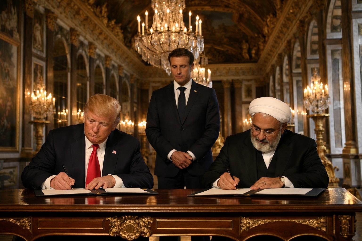 saksikan momen bersejarah saat trump menandatangani mou perdamaian dengan iran di istana versailles, disaksikan langsung oleh presiden macron.