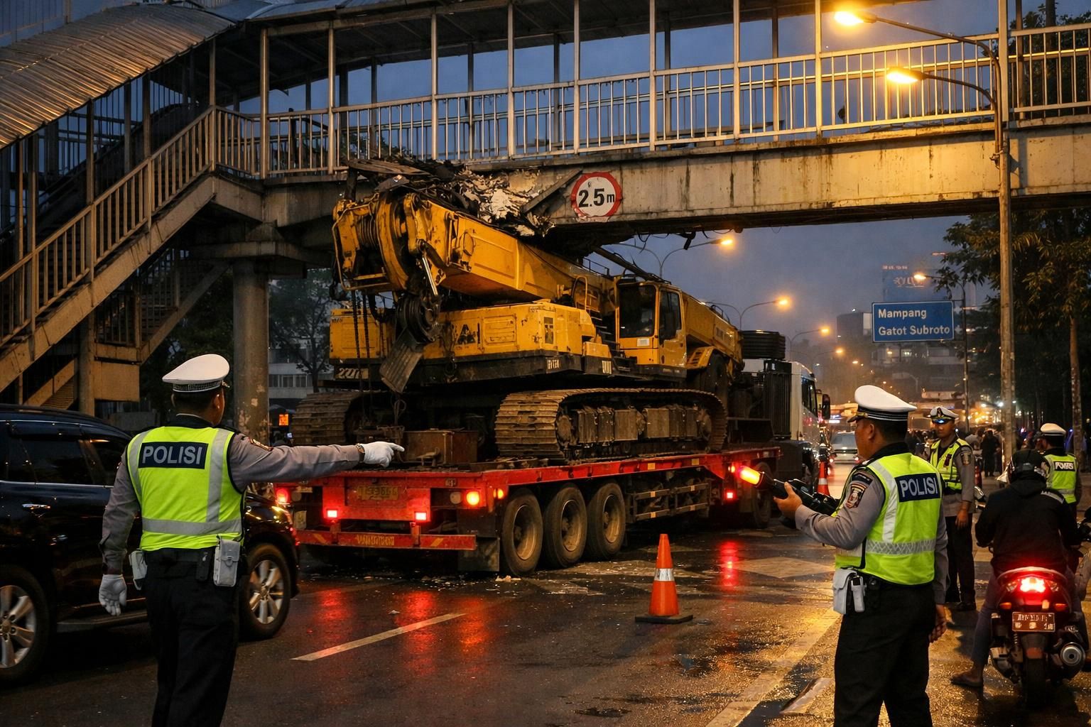 sopir truk crane yang menabrak jpo tendean mengaku terganggu perhatiannya karena melihat peta navigasi, menyebabkan kecelakaan lalu lintas.