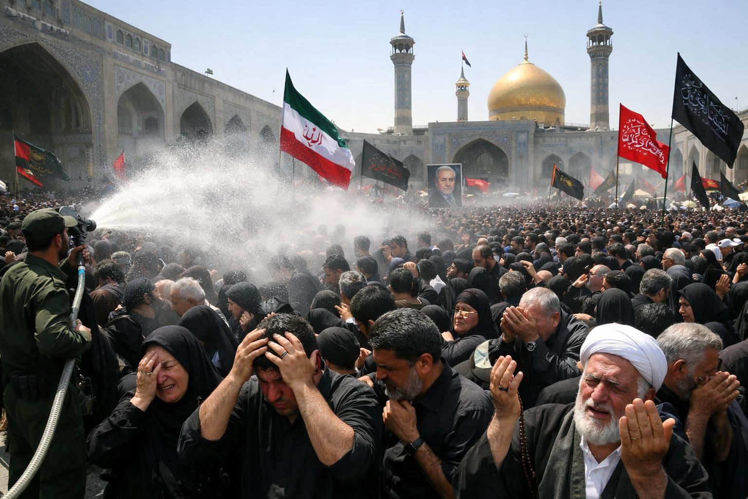 terik panas yang membakar, pelayat menggunakan air dingin saat memberikan penghormatan terakhir kepada ayatollah ali khamenei dalam momen penuh haru.