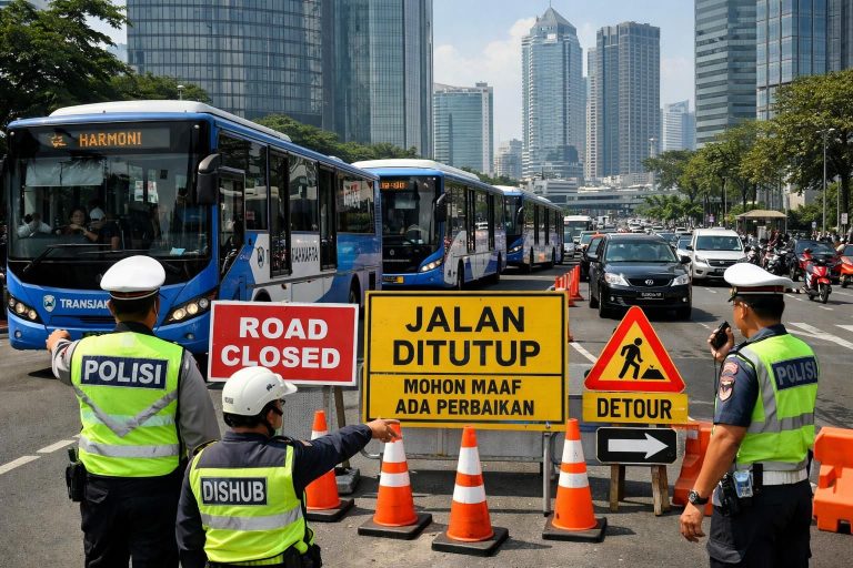 beberapa rute transjakarta dihentikan sementara akibat penutupan jalan, menyebabkan perubahan layanan dan rute alternatif bagi penumpang di kompas.com.