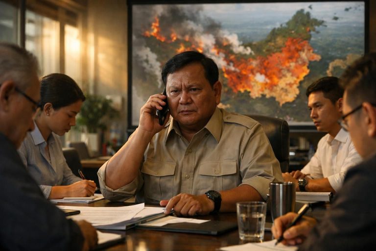 detik-detik prabowo menghubungi tim saat rapat, meminta pasokan perlengkapan tambahan untuk menangani kebakaran hutan dan lahan (karhutla) secara efektif dan cepat.