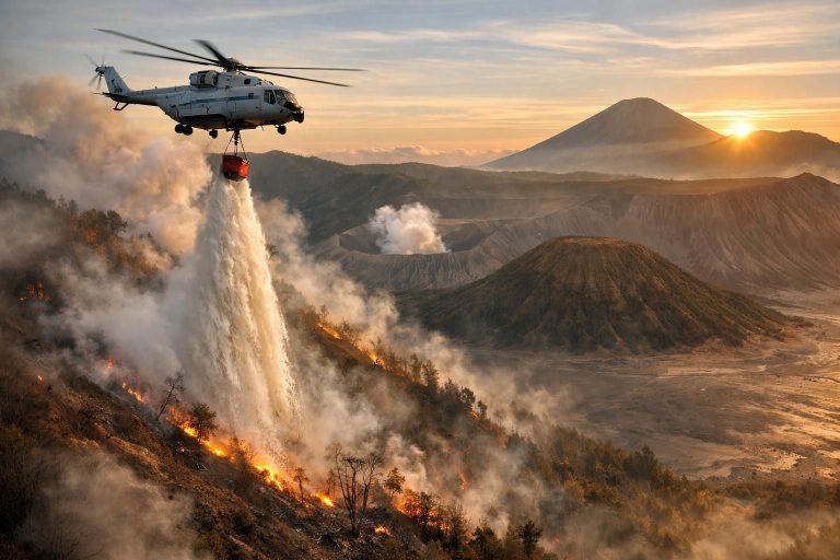 menteri kehutanan meninjau langkah penanggulangan kebakaran di gunung bromo dan mengoptimalkan teknologi water bombing untuk melindungi kawasan hutan dari api.