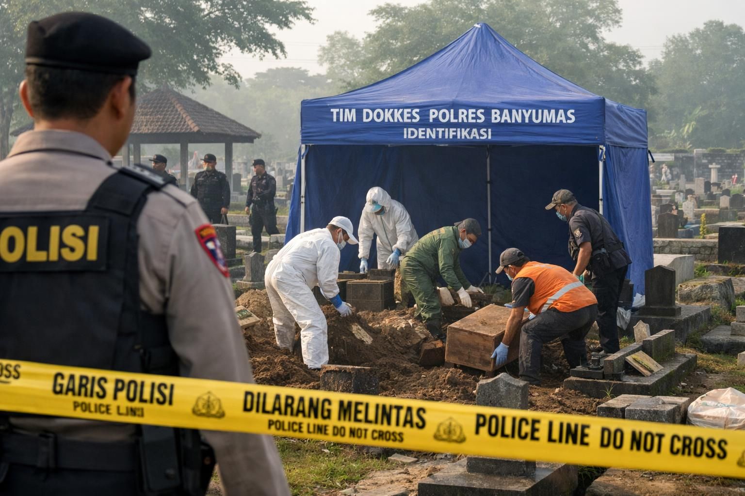 proses ekshumasi jenazah sutrimo dilaksanakan pagi ini, dipimpin langsung oleh brigjen hastry untuk memastikan prosedur berjalan dengan lancar dan penuh hormat.
