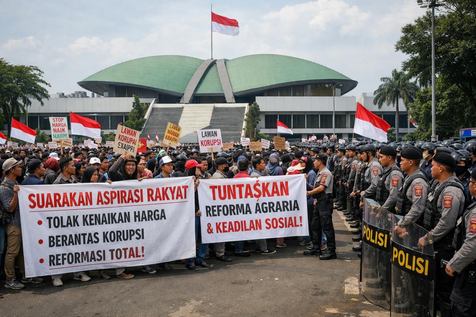 rencana demo besar akan berlangsung di dpr pada 27 agustus. simak jadwal lengkap serta tuntutan dari 4 kelompok massa yang terlibat hanya di afu.id.