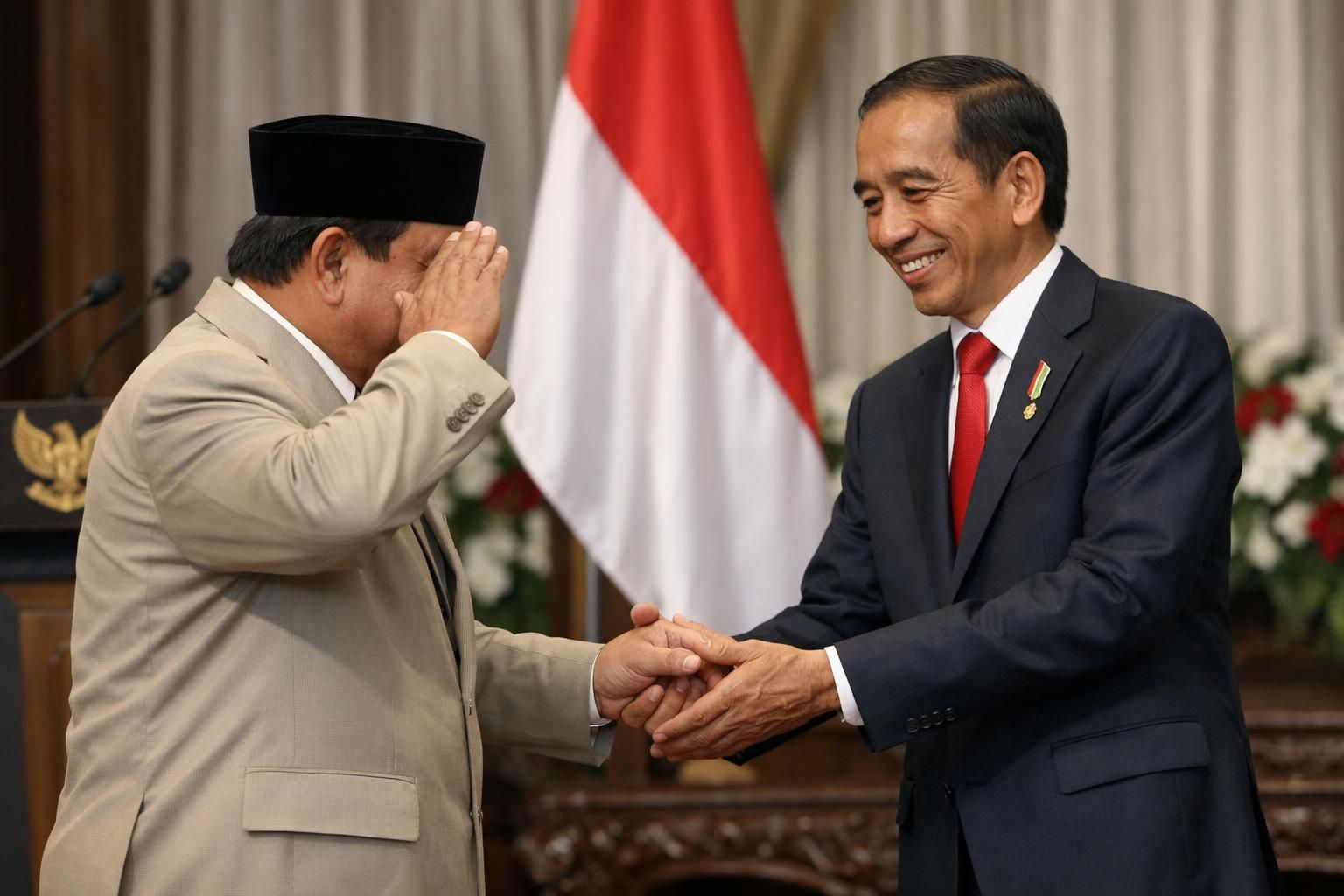 setelah pidato berakhir, prabowo menunjukkan rasa hormat dan menyapa jokowi dengan hangat, mencerminkan hubungan yang penuh kehormatan dan persahabatan.